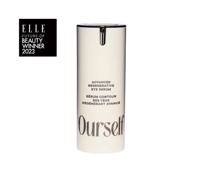 Eye serum bottle labeled 'Ourself' with 'ELLE Future of Beauty Winner 2023' badge on a white background