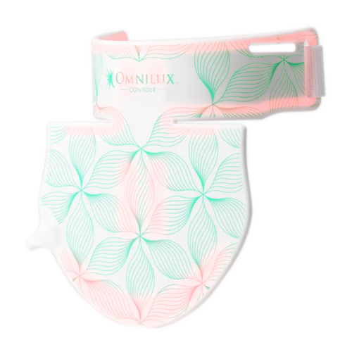 A white LED light therapy mask with a floral pattern in green and pink colors, designed for neck and chest use.