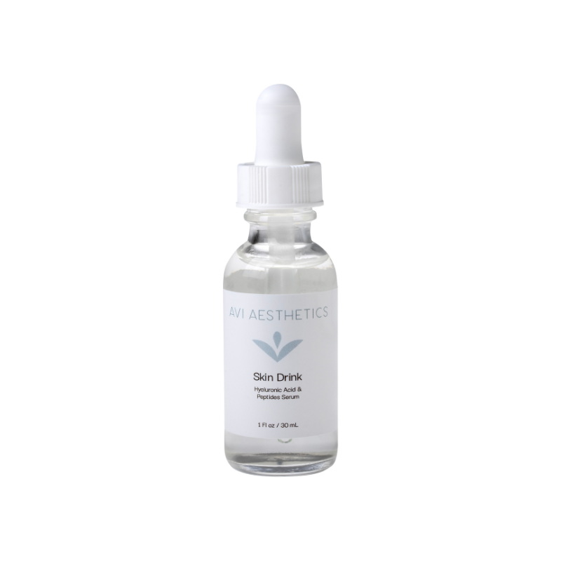 A bottle of 'Skin Drink' by Avi Aesthetics, which is a hyaluronic acid serum intended for skin hydration and elasticity.