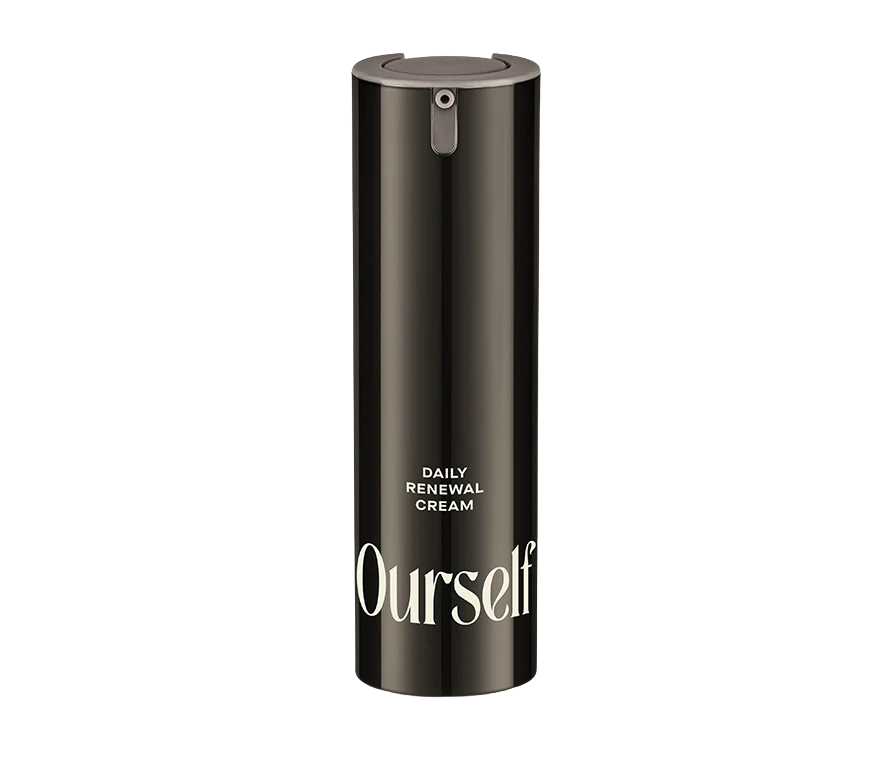 Black cylindrical container labeled 'Daily Renewal Cream' by 'Ourself' on a white background